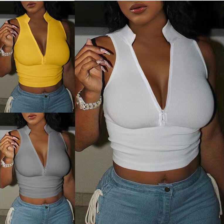 1289 V-Neck Fashion Slim Sexy Zip Crop Top V-Neck Sexy Zipper Tank Top