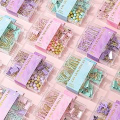 Macaron color hot stamping paper clip long tail clip stationery combination creative thumbtack ticket holder four grid binding office set
