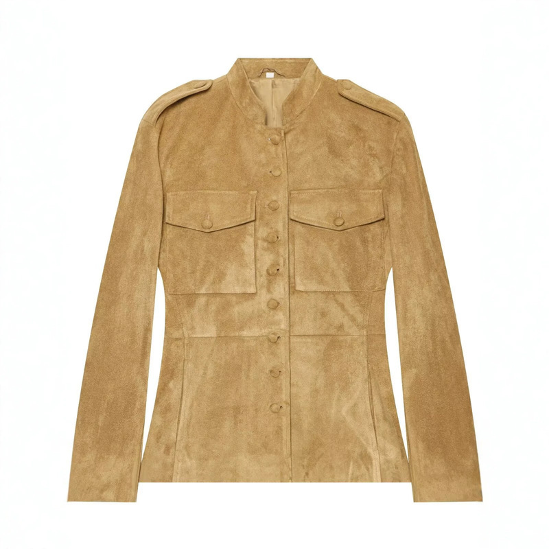 Foreign trade cross-border European and American retro faux deer leather work jacket for women, with stand-up collar, epaulettes, button closure, waist-cinching, slimming jacket