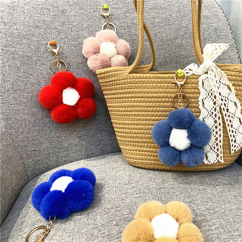 Creative flower fur ball keychain, cute plush flower bag pendant, mobile phone accessories, car key ring gift