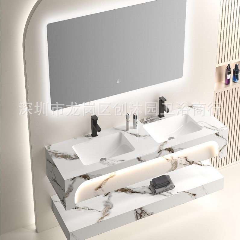 gabinete de baño de cerámica de tabla de roca combinado inteligente baño simple moderno lavabo de doble capa lavabo integral lavabo