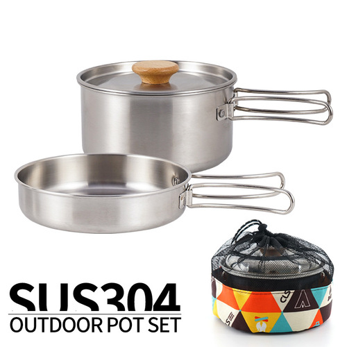 Portable Outdoor Hiking Camping 304 Stainless Steel Folding Handle Pan Skillet Stew Pot Home Use Picnic Cookware Set