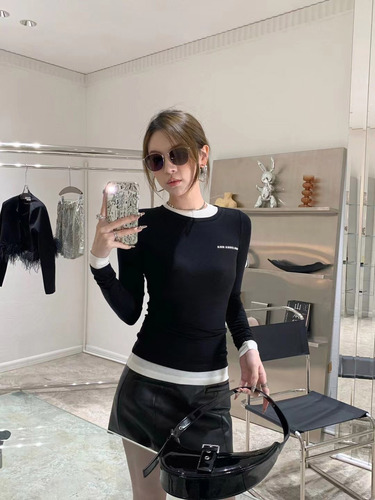 YIMENG hot girl bottoming shirt new 2024 spring and autumn knitted fake two-piece double collar slim slim long-sleeved top