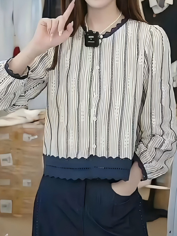 2025秋季新款女巨好看短款小衫蕾丝花边长袖衬衫法式小众条纹上衣|undefined