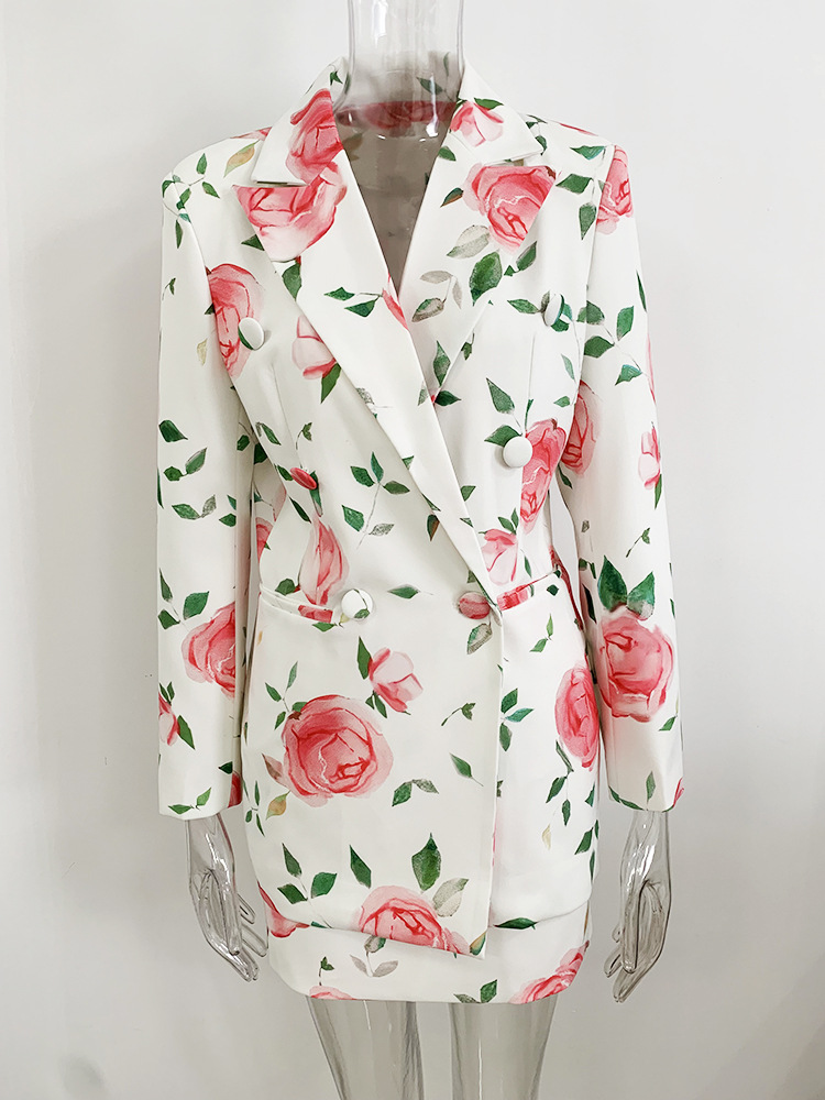 Rose Printed Double Breasted Skirt Set Two Pieces