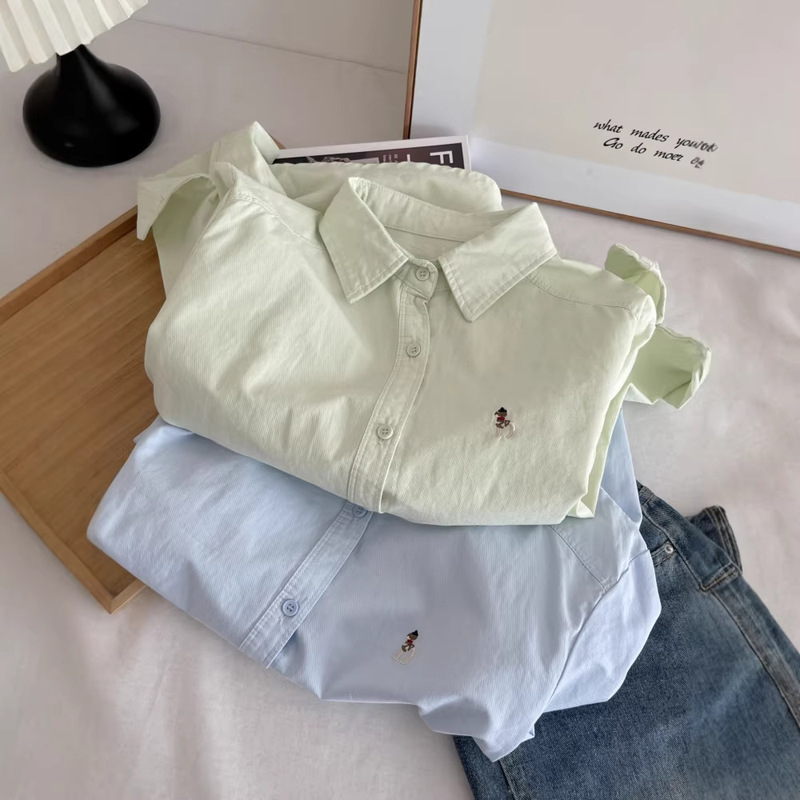 Letter Embroidery Polo White Shirt for Women, Korean Style, New Winter Model, Japanese Casual Lazy Style, Loose Top 6793