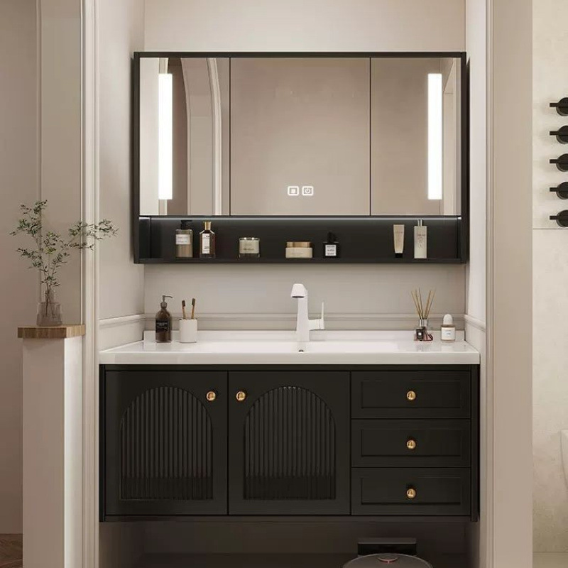French-Style Vintage Bathroom Cabinet Set with Smart Washbasin, Ceramic Integrated Washbasin, and Solid Wood Bathroom Suite