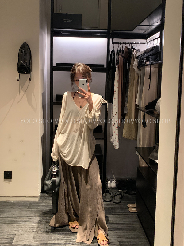 YOLO SHOP  莱赛尔亚麻V领百搭针织长袖上衣女初秋慵懒休闲风罩衫|undefined