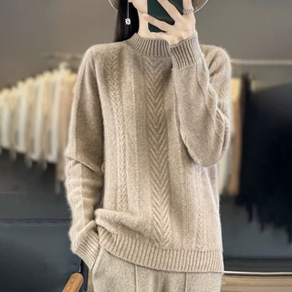 100%羊毛秋冬新款半高领麻内搭女宽松慵懒风针织衫毛衣加厚内搭