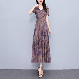紫色雪纺连衣裙2024新款女夏季高级感中老年妈妈高端气质洋气裙子