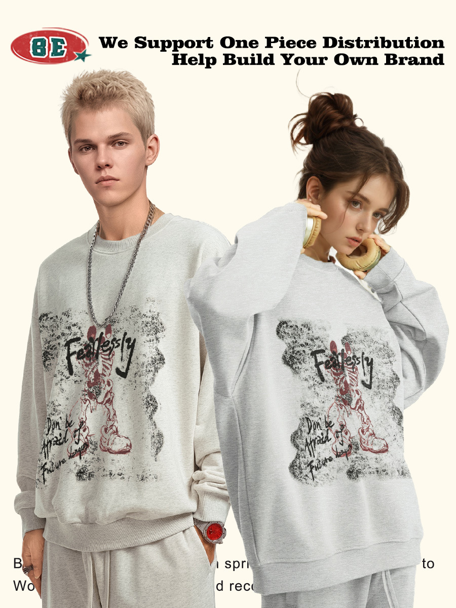 Be Hombres| 2025 otoño americano callejera vintage creativo esqueleto impresión pesada camisa de cuello redondo moda para hombres y mujeres image 3