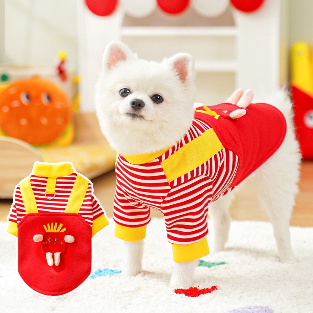 Otoño e invierno perro mascota ropa de perro felpa de gato ropa de dos pies papas fritas a rayas perro pequeño Corgi puede tirar