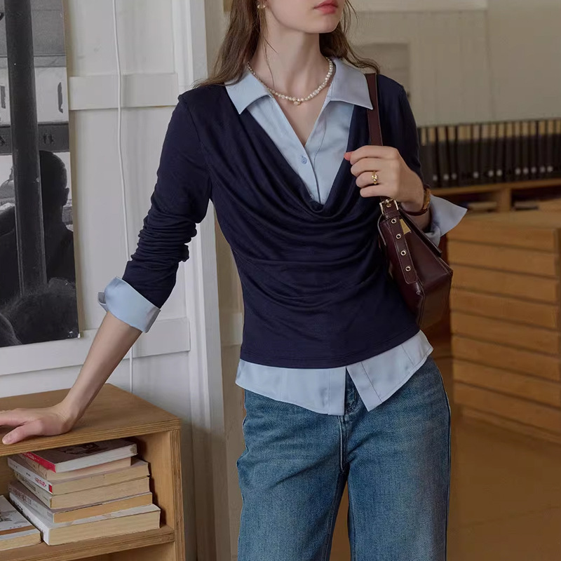 Old Manuscript Tencel Wool French Fake Two-Piece Spliced Knitted Shirt Women's Commuter Top Old Manuscript Tencel Wool French Fake Two-Piece Spliced Knitted Shirt Women's Commuter Top