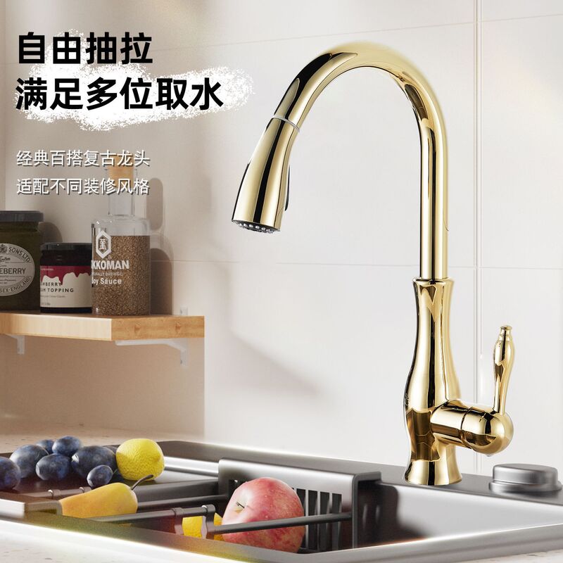French retro drawing faucet all copper European classical faucet kitchen sink dish basin creative hot and cold water head