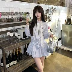 纯欲复古撞色条纹系带拼接衬衫连衣裙女秋季学院风收腰A 字短裙子