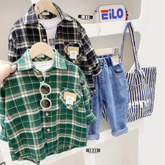 Boys' long-sleeved shirts, spring and autumn children's clothing, 2024 new style, medium and large boys' spring casual plaid shirts, Korean version trendy