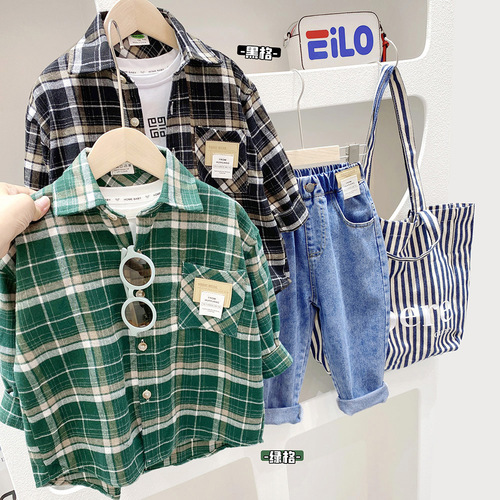 Boys' long-sleeved shirts, spring and autumn children's clothing, 2024 new style, medium and large boys' spring casual plaid shirts, Korean version trendy