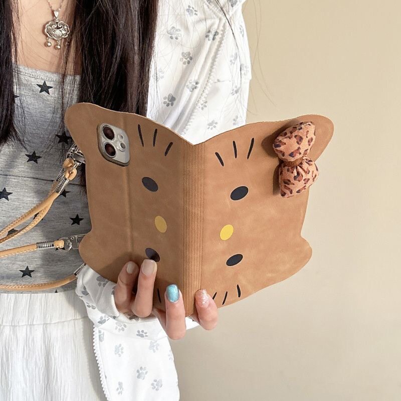 Leopard Print Bow Cat Phone Case for Samsung S26 Ultra, Leather Flip Cover for S24+ S25 Fe with Lanyard for S23
