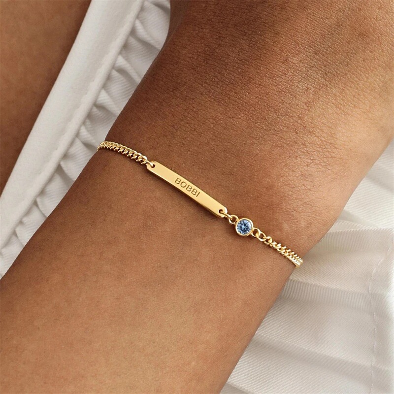 Minimalist Style Stainless Steel Curved Bracelet with 12 Birthstones, Mother's Day Adjustable Bracelet with Engraving, DIY Cross-Border Jewelry