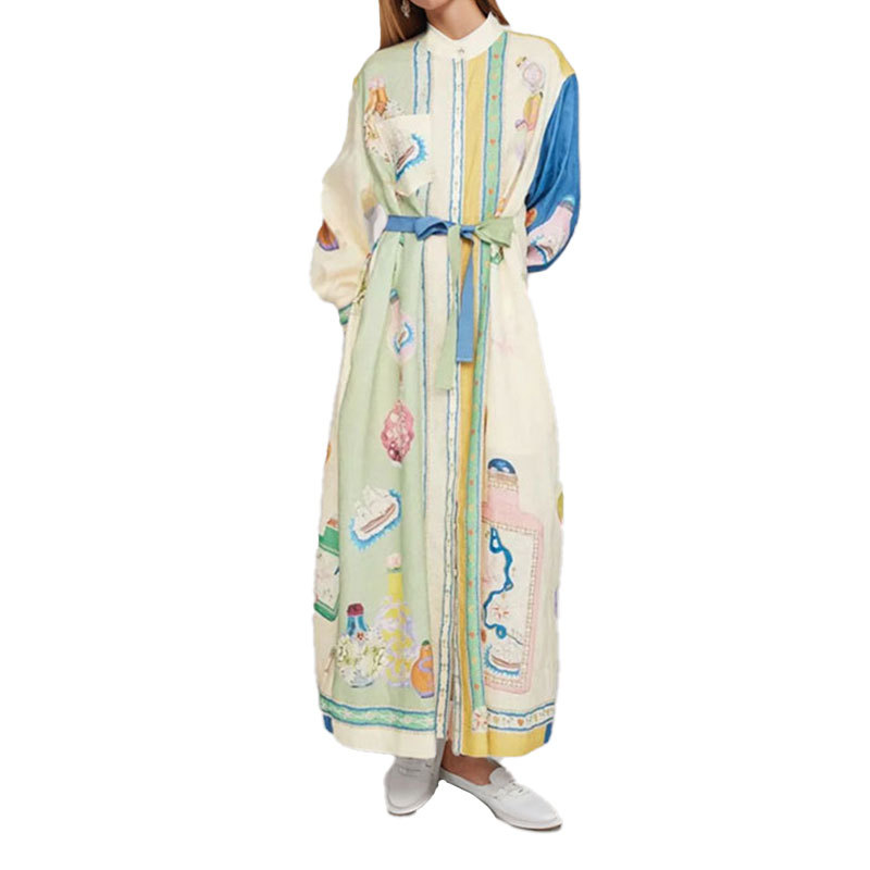 2025 AliExpress Ropa de mujer transfronteriza europea y americana nueva impresión de manga larga cintura temperamento elegante vestido de primavera con cuello en V image 6
