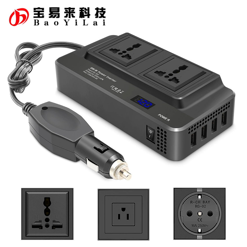 Автомобильный инвертор 12 В 200 Вт 2 гнезда 4 USB Автомобильный инвертор Зарядка мобильного телефона