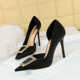 626-K8 Style Banquet Thin Heel Shallow Notched Pointed Side Hollow Sexy Slim Metal Rhinestone Buckle High Heel Single Shoe