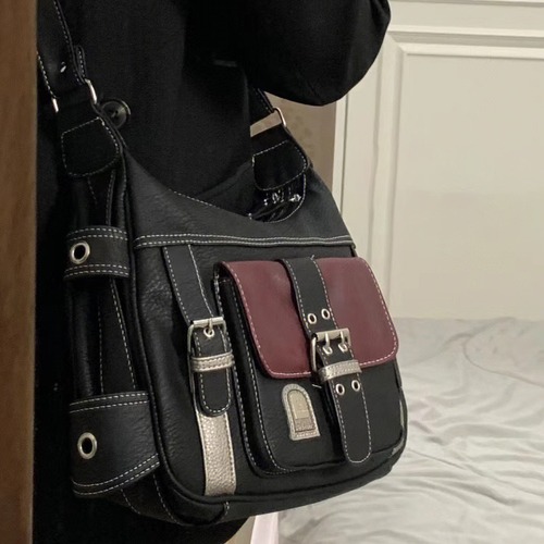 Retro medieval personality soft leather Y2K spicy girl motorcycle bag women 2025 color-block single shoulder crossbody bag trendy