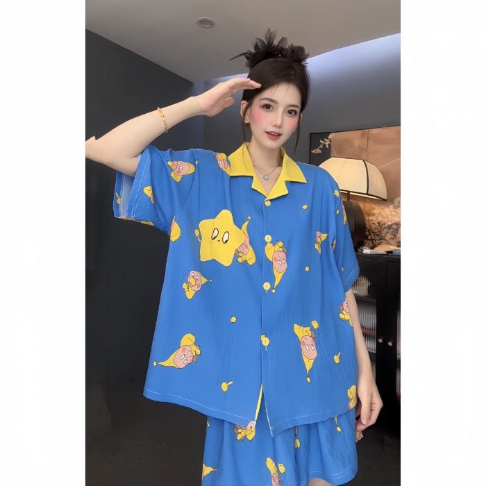 Venta al por mayor transfronteriza de solapa de color de red nube de algodón dulce y lindo pijama de dibujos animados pantalones cortos de manga corta de verano para mujer servicio a domicilio