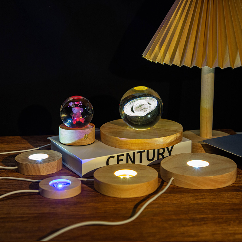 Base luminosa de madera de caucho base luminosa efecto de luz colorida base luminosa de madera base de luz LED de noche de madera maciza