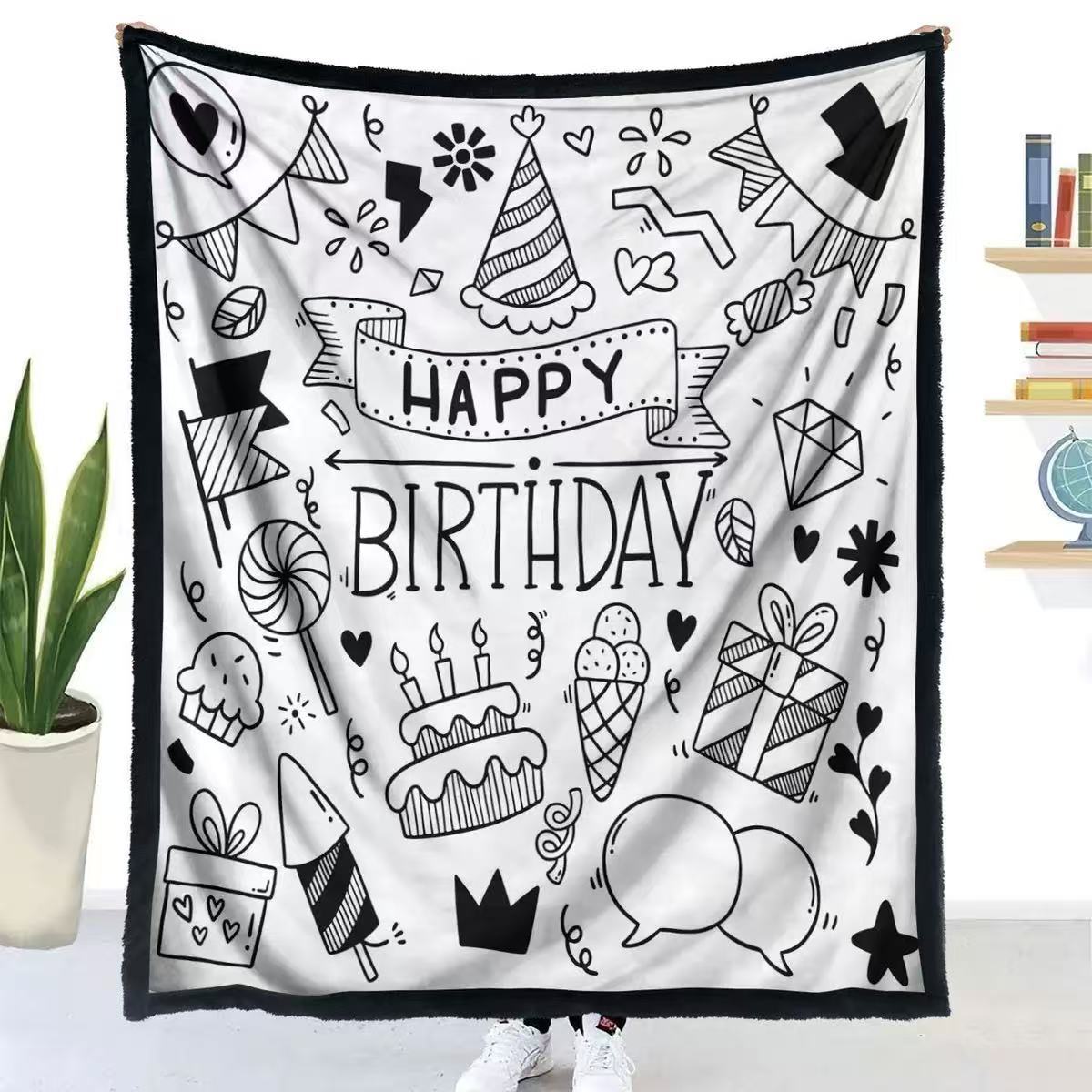 Cross-border best-selling birthday flannel blanket, sofa throw blanket, digital print blanket, nap blanket, black and white version