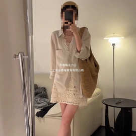 早秋穿搭套装韩系慵懒风时尚减龄蕾丝拼接假两件上衣半身裙两件套