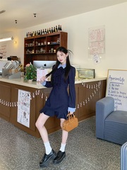 学院风假两件长袖衬衫连衣裙女秋季法式木耳边藏蓝色收腰a字短