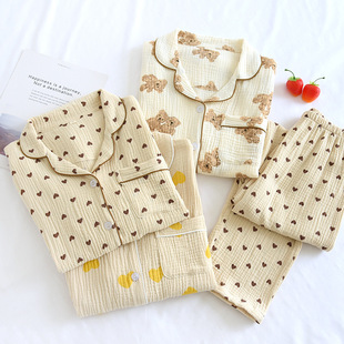 Cotton crepe pajamas women's double-layer gauze loose sweat-absorbent suit spring and autumn three-color peach heart home wear