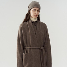 極柔有全羊毛 慵懒随性一片式围裹领长风绑带开衫外套女装