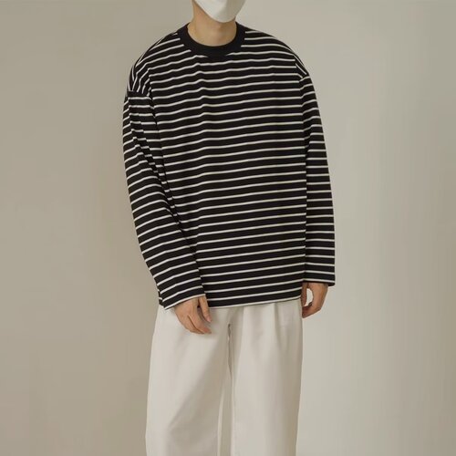 Spring and Autumn New Korean Style Trendy Stylish Retro Striped Print Crew Neck Long Sleeve T-shirt for Men Loose Fit Top