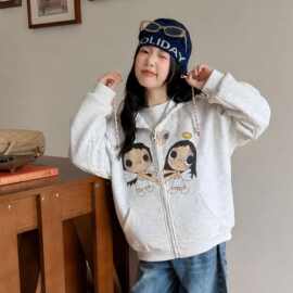 女童卫衣外套秋款2026新款中大童女宝宝休闲开衫上衣印花连帽外套