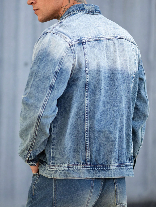 Men's Heavy Duty Denim Jacket Trendy Pleated Gradient Outerwear_voghion.com