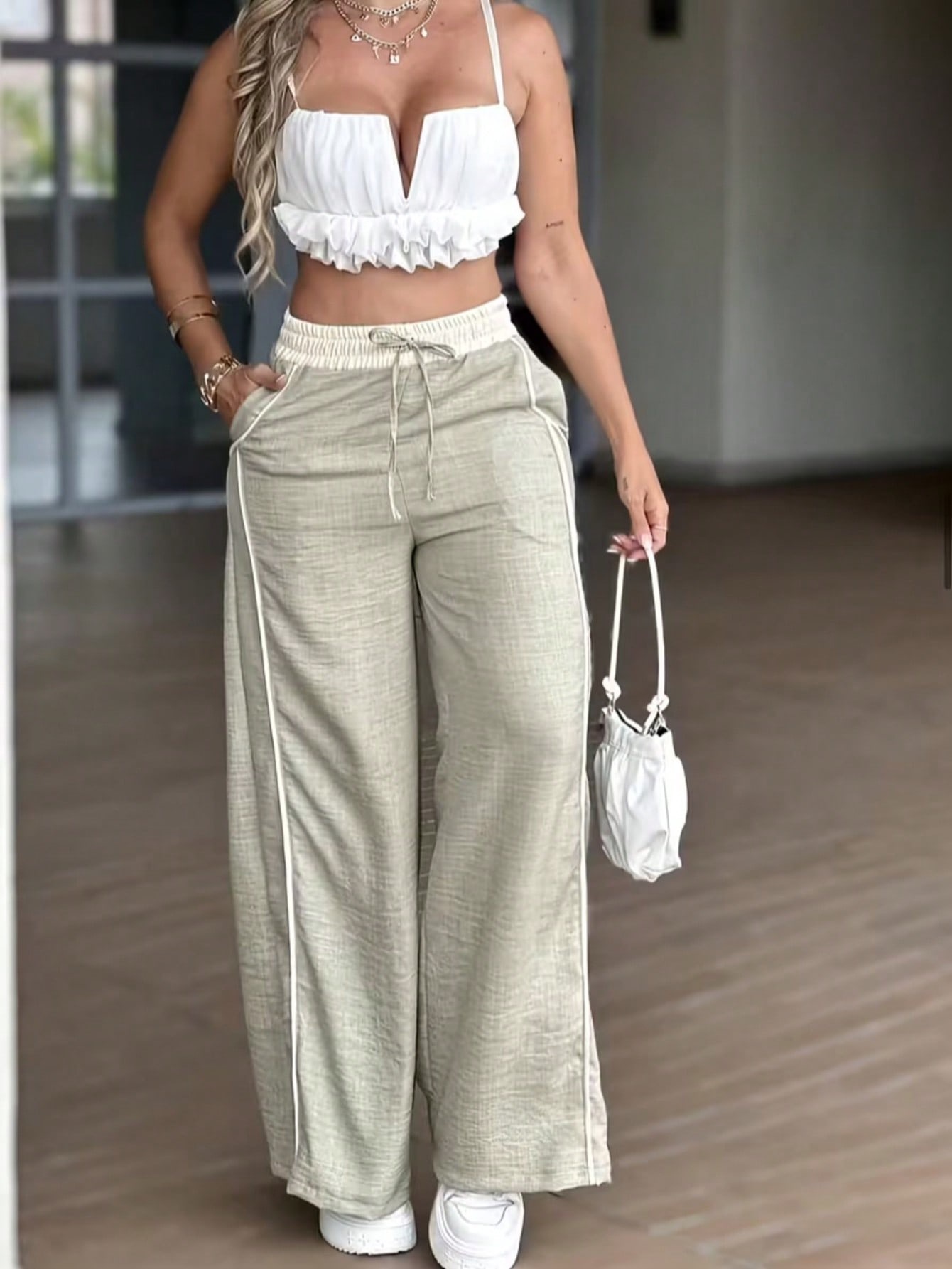 Inventario transfronterizo Y2K gris verde claro pulgada cintura alta pantalones de piernas anchas pantalones casuales sueltos primavera y verano