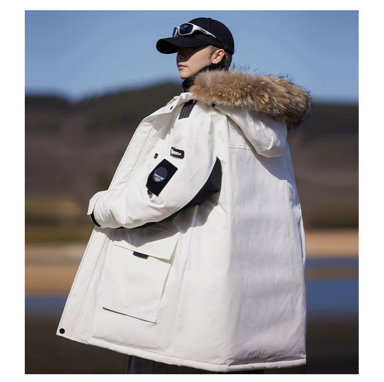 La faction chaude à la mode pour l'automne et l'hiver surmonte le simple grand col en fourrure, les hommes blancs amples et résistants au froid, mi-longs et longs_voghion.com