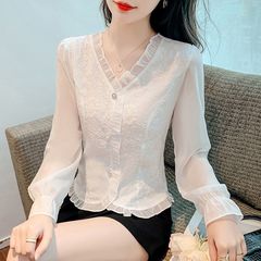 女性用シャツ 2025 秋の新スタイルファッショナブルなお腹カバーシフォンシャツ気質痩身トップ年齢を減らす女性のシャツ