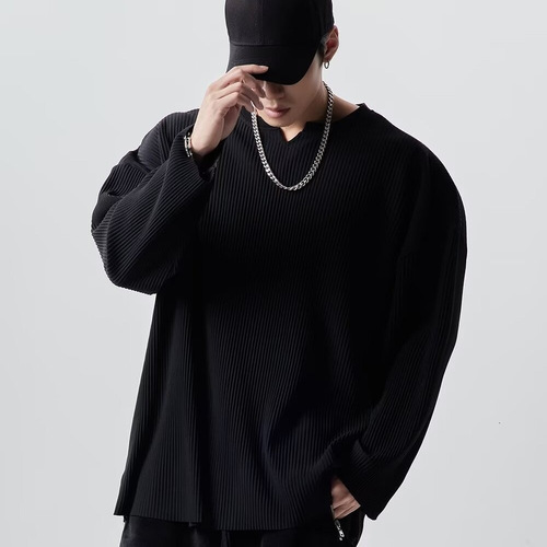 BIZHENG/ High-End V-Neck Puff Sleeve Flowy Crew Neck Silk Long-Sleeve T-Shirt for Men Loose Men's Top Spring and Autumn Clothing