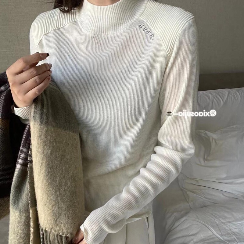 Women's Half-turtleneck Shoulder Texture Letter Embroidered Wool Base-Layer Shirt All-Match Slim Look Foreign Style Long-Sleeved Inner Sweater