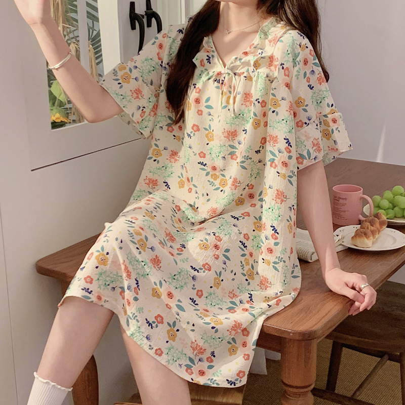 Fábrica de fuente de comercio exterior transfronterizo explosión de pijama de verano arrojar pijama de burbuja arrugado mujer dulce ropa de hogar suelta mujer