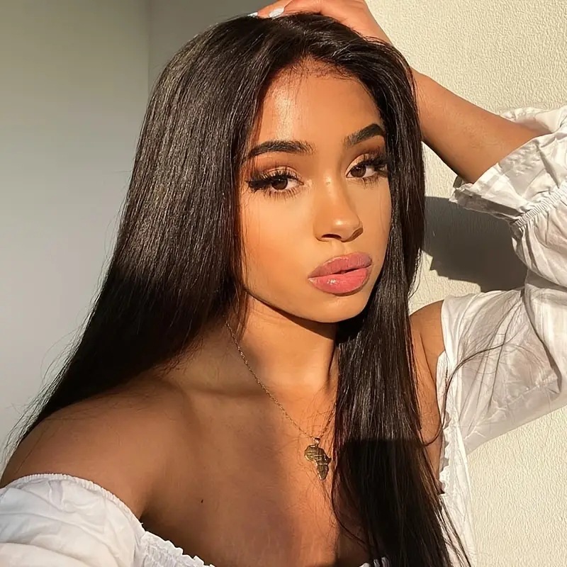 Peluca de encaje frontal estilo europeo americano, cabello largo liso con raya al medio, extensión de cabello sintético para mujer._voghion.com