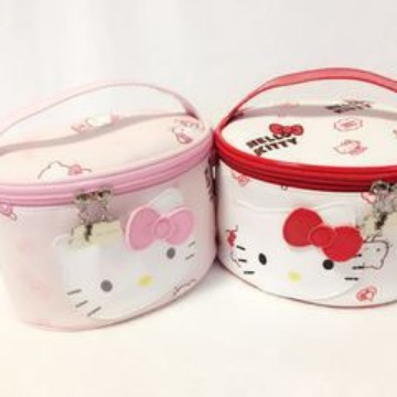 Linda bolsa de cosméticos de almacenamiento de barril de cuero PU con cara de gato en forma de dibujos animados para damas con lazo lindo