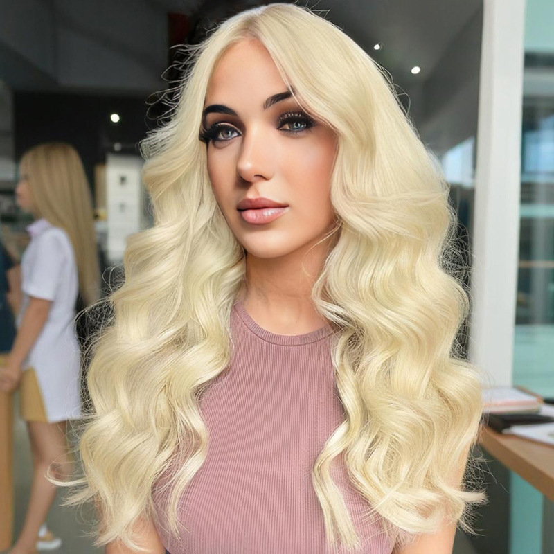 外国貿易スポットゴールドロングカーリーヘアウィッグ、クロスボーダー欧米女性用ミディアム分け目ビッグウェーブ化学繊維ヘッドギア、メーカー卸売|undefined