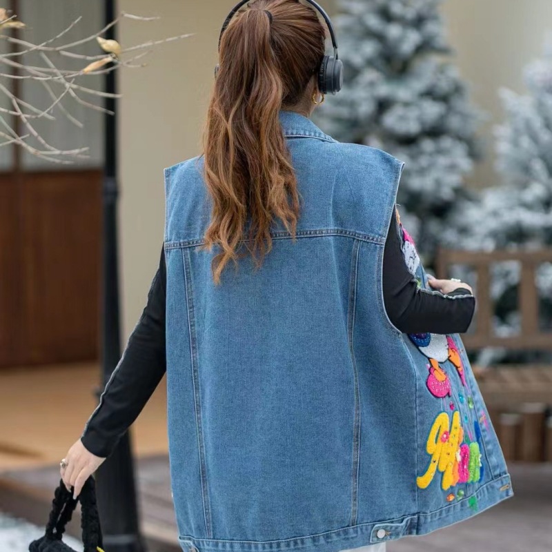 Tailandia moda marca 2024 primavera nueva industria pesada diamante con cuentas de dibujos animados Denim coat mujeres diseño sentido chaleco superior image 3