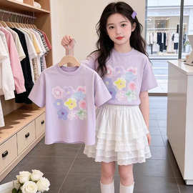 跨境儿童短袖T恤新款衣服童装彩色小花印花女孩好看夏季圆领上衣