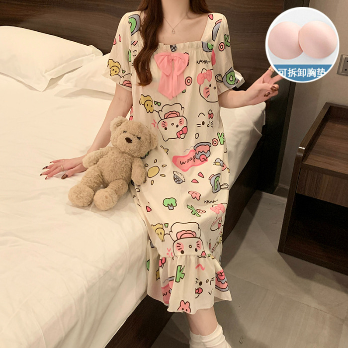 2025 verano nuevo hogar ropa de mangas cortas pijama de niñas cuello cuadrado de encaje dulce nube de algodón cojín de pecho pijama