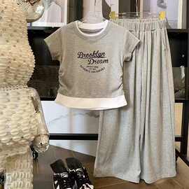 童装夏季女童套装中大童短袖假两件上衣阔腿裤女学生运动服两件套